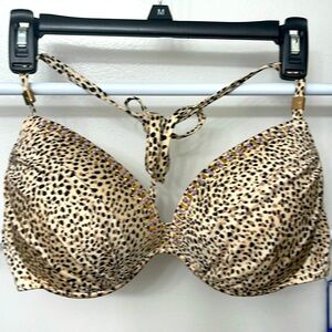 Victoria’s Secret bikini top, leopard print with purple beads on the edges, 36D